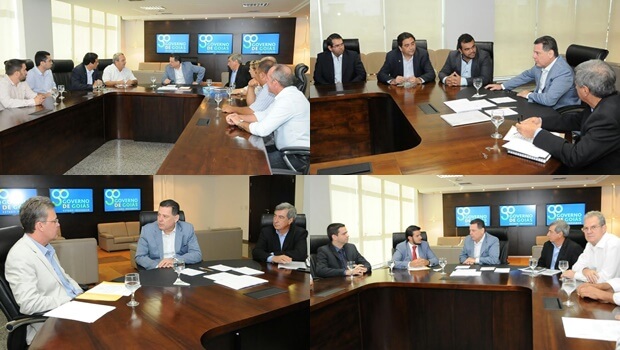 Marconi em reunião com os prefeitos eleitos de de Itapaci, Mário José Salles (PSDB); de Mara Rosa, Flávio Batista de Sousa (Pros); de Paraúna, Paulo José Martins (PRB); de Piranhas, Eric de Melo Silveira (PP) | Foto: Lailson Damásio