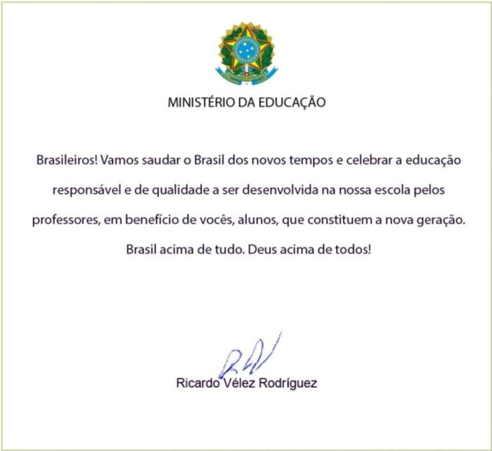 Carta ministro Ricardo Vélez a diretores