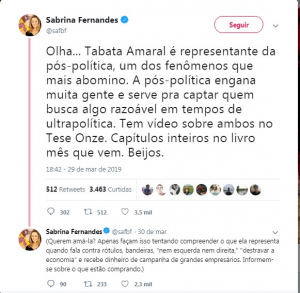 Post de Sabrina Fernandes criticando Tabata Amaral
