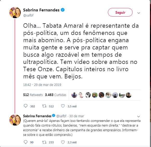 Post de Sabrina Fernandes criticando Tabata Amaral