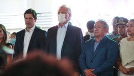 Daniel Vilela, Caiado, Mariano em evento na Prefeitura de Aparecida | Foto: Fernando Leite/Jornal Opção