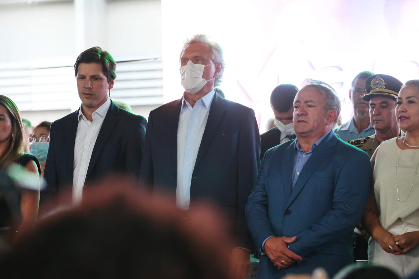 Daniel Vilela, Caiado, Mariano em evento na Prefeitura de Aparecida | Foto: Fernando Leite/Jornal Opção