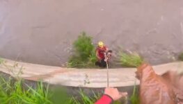 Bombeiros resgatam homem que caiu no córrego Botafogo em Goiânia.