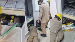 Parte elevador ficou entre térreo e poço | Foto: CBM-GO