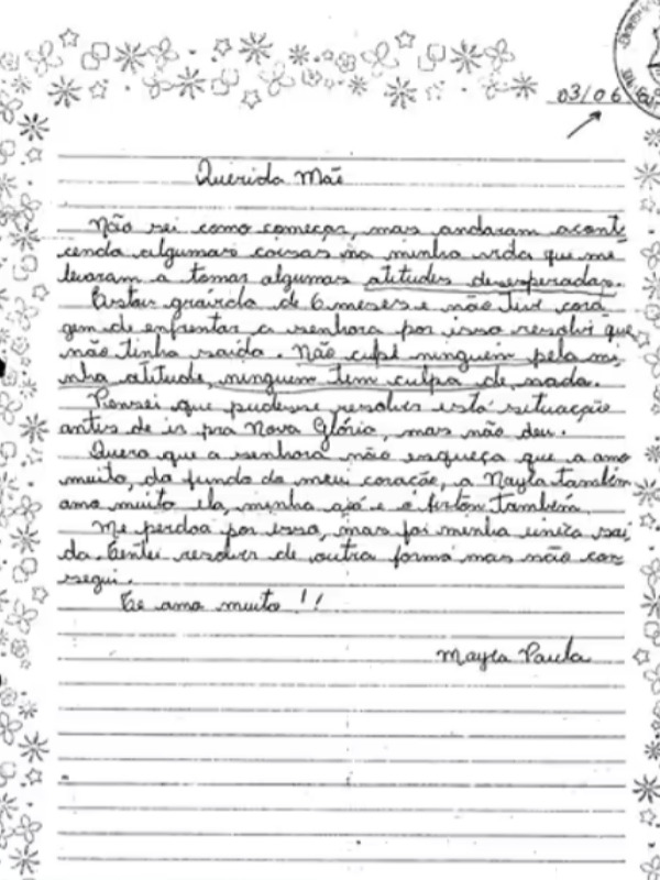 Carta manuscrita de Mayra deixada para a mãe