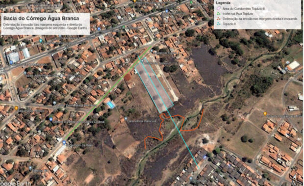 Mapa da região do condomínio e córrego Água Branca | Imagem: print do processo