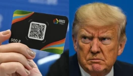Donald-Trump-com-expressao-seria-observando-um-cartao-do-BRICS-Pay-simbolizando-tensoes-economicas-globais