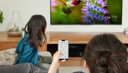 Pessoa assiste televisão com celular na mão 1