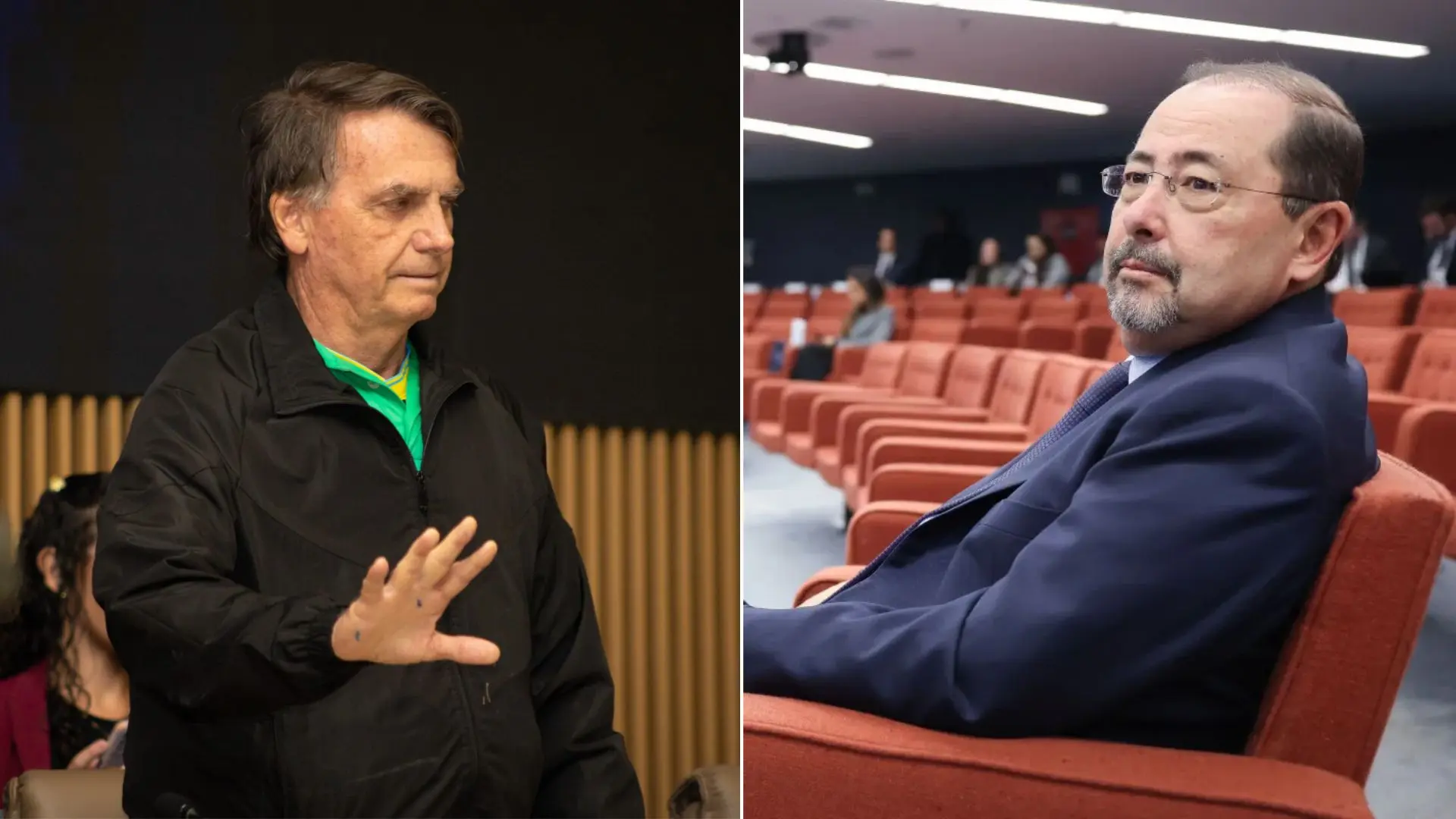 Jair Bolsonaro, ex-presidente julgado por golpe de estado, e o advogado Celso Vilardi, que faz sua defesa | Foto: Guilherme Alves/ Jornal Opção e Antônio Augusto/ STF