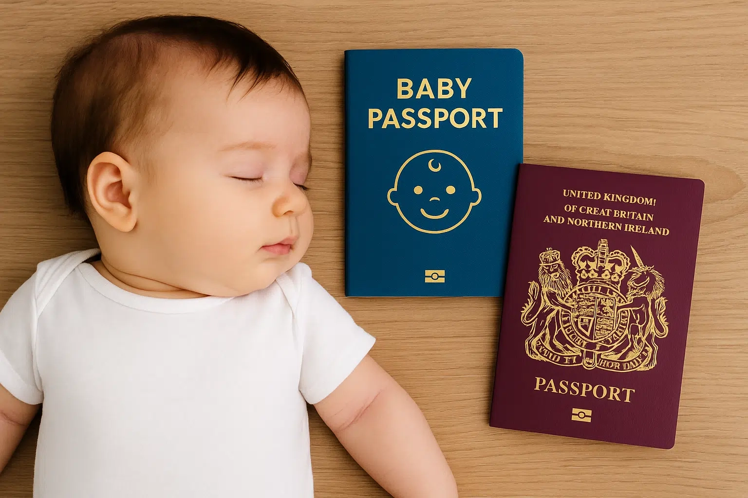 Sleeping-baby-next-to-a-UK-passport-and-baby-passport-–-British-passport-application-for-infants
