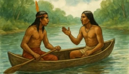 Índios conversando em canoa Foto feita com uso de inteligência artificial 1300 por 867