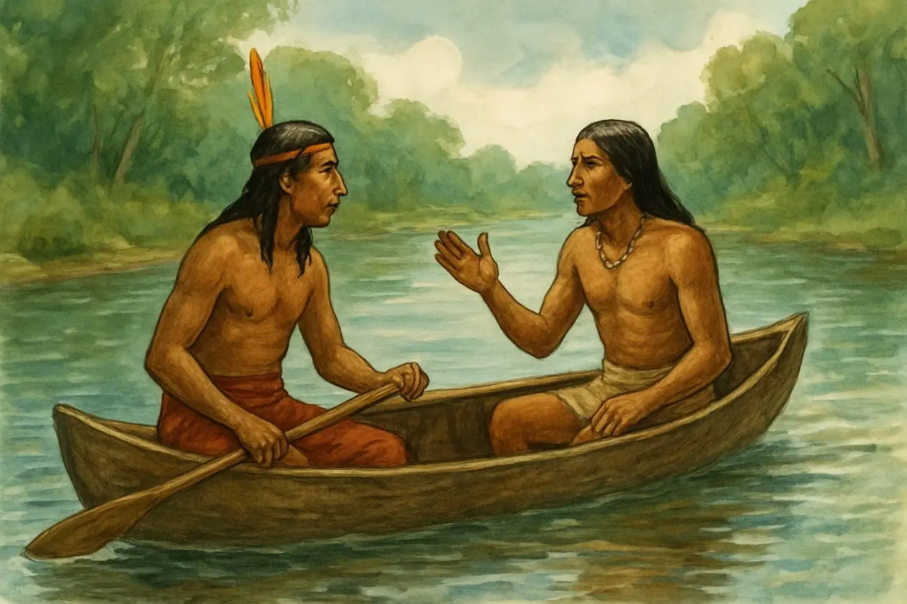 Índios conversando em canoa Foto feita com uso de inteligência artificial 1300 por 867