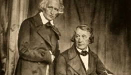 Jacob Grimm em pé e Wilhelm Grimm em 1850 de 1300 por 867