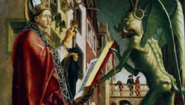 O diabo apresentando a Santo Agostinho o livro dos pecados pintura de Michael Pacher 1435 a 1498 ok2