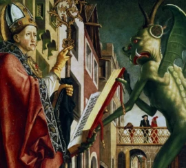 O diabo apresentando a Santo Agostinho o livro dos pecados pintura de Michael Pacher 1435 a 1498 ok2