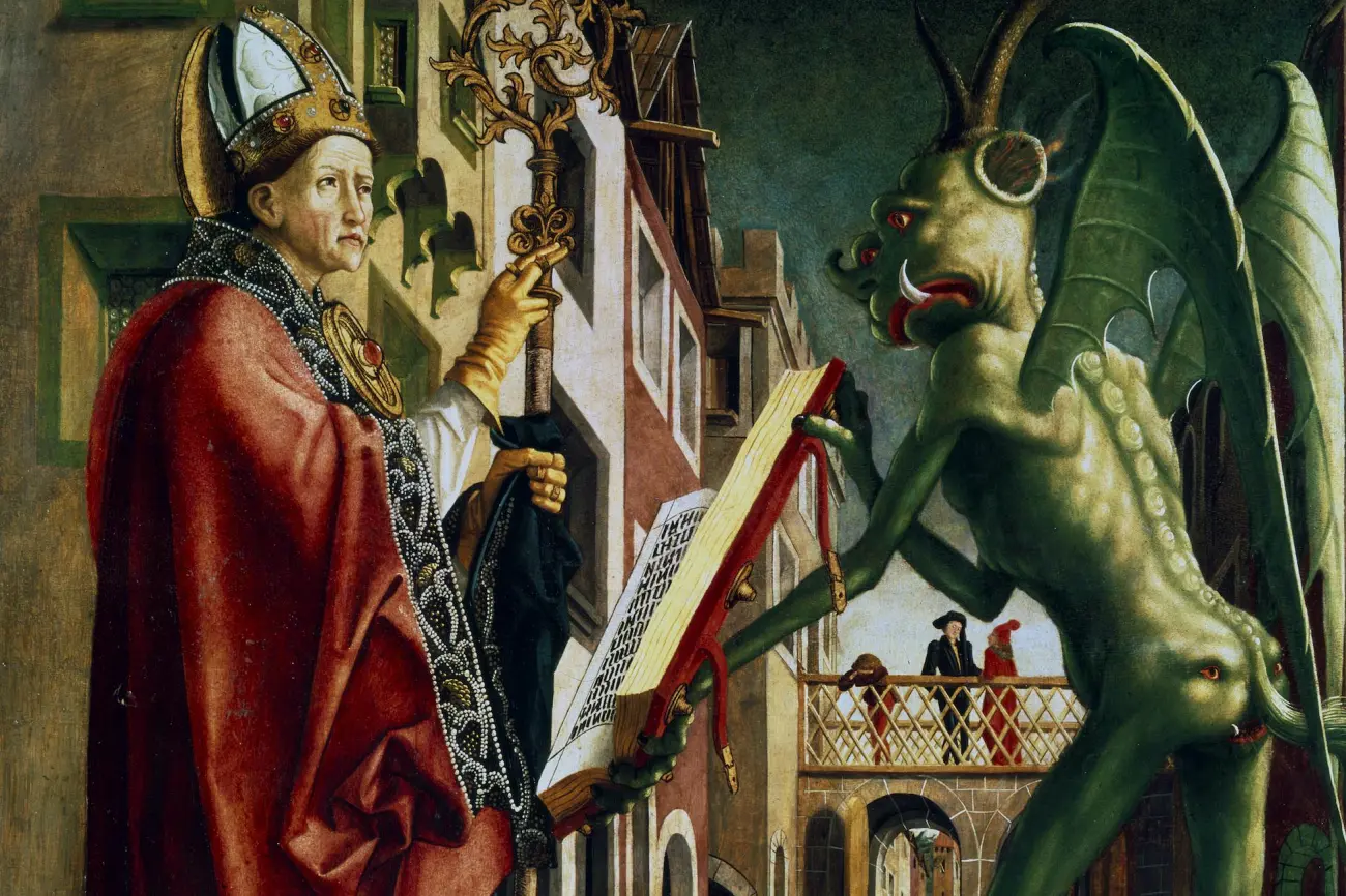 O diabo apresentando a Santo Agostinho o livro dos pecados pintura de Michael Pacher 1435 a 1498 ok2