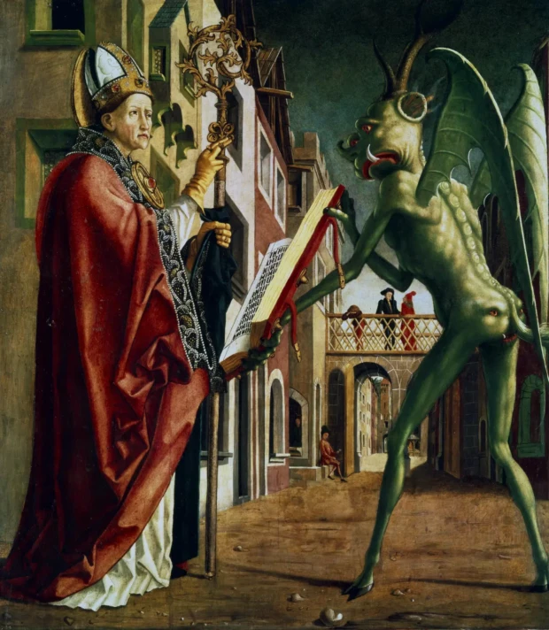 O diabo apresentando a Santo Agostinho o livro dos pecados pintura de Michael Pacher 1435 a 1498 ok1