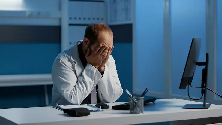 1789483214-cansado-medico-exausto-trabalhando-no-turno-da-noite-no-escritorio-do-hospital-analisando-pericia-medica-no-relatorio-de-cuidados-de-saude-de-digitacao-de-computador-medico-estress.webp