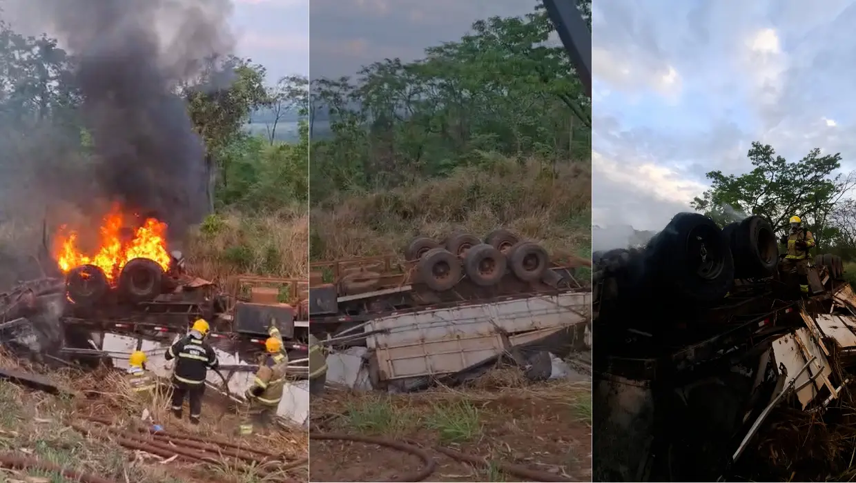 Motorista morre carbonizado após carreta sair da pista e pegar fogo na BR-364, em Jataí