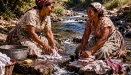 Mulheres lavam roupa em córrego foto gerada por IA 1300 p 866