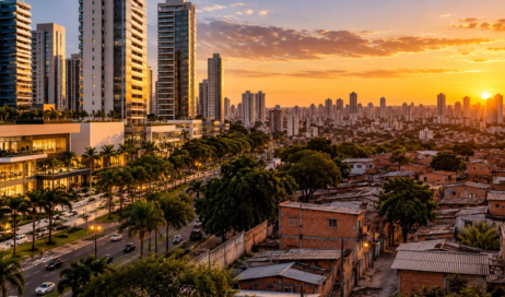 Contraste urbano ao pôr do sol em Goiânia